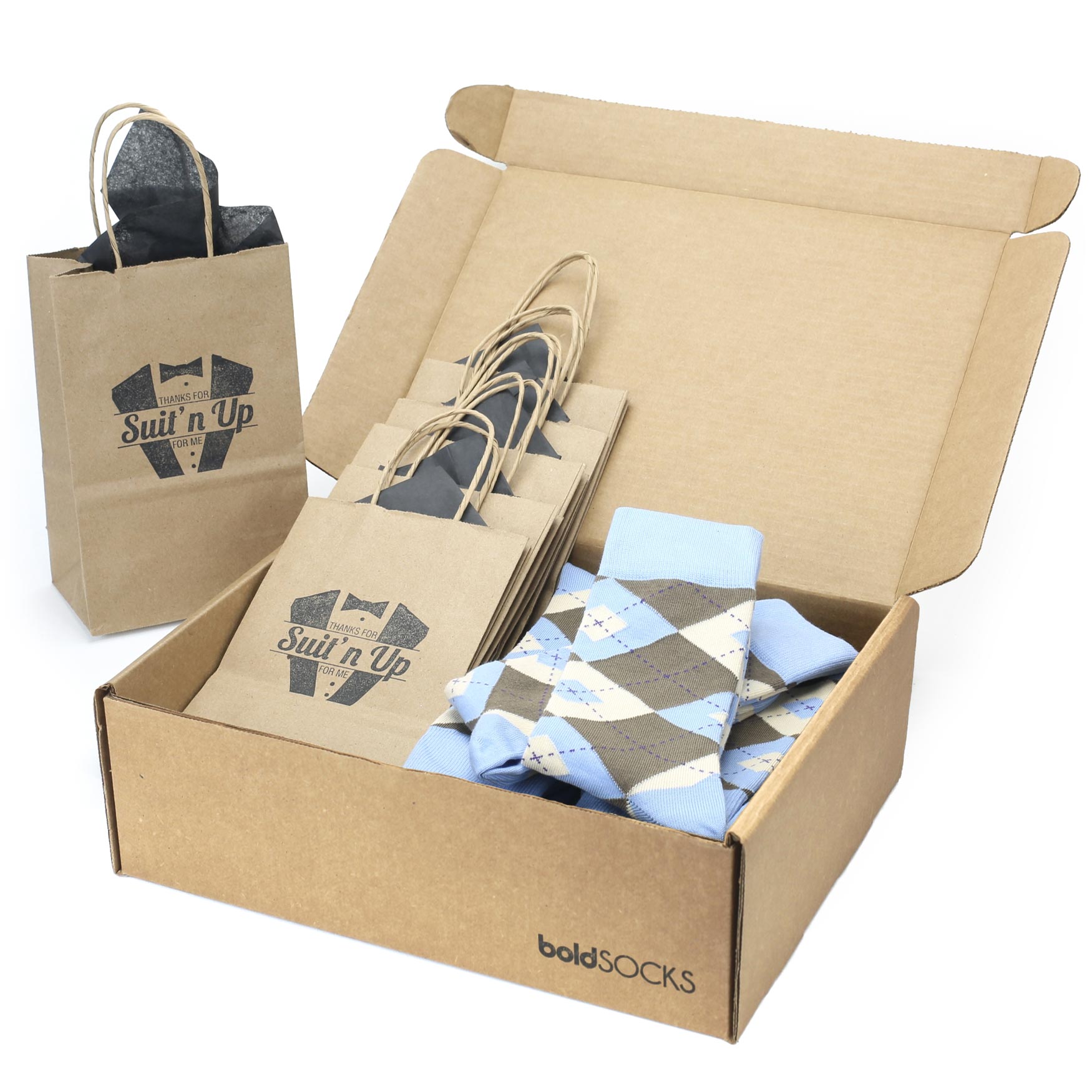 Customizable Groomsmen Gift Set Light Blue Brown Argyle Men’s Dress Socks