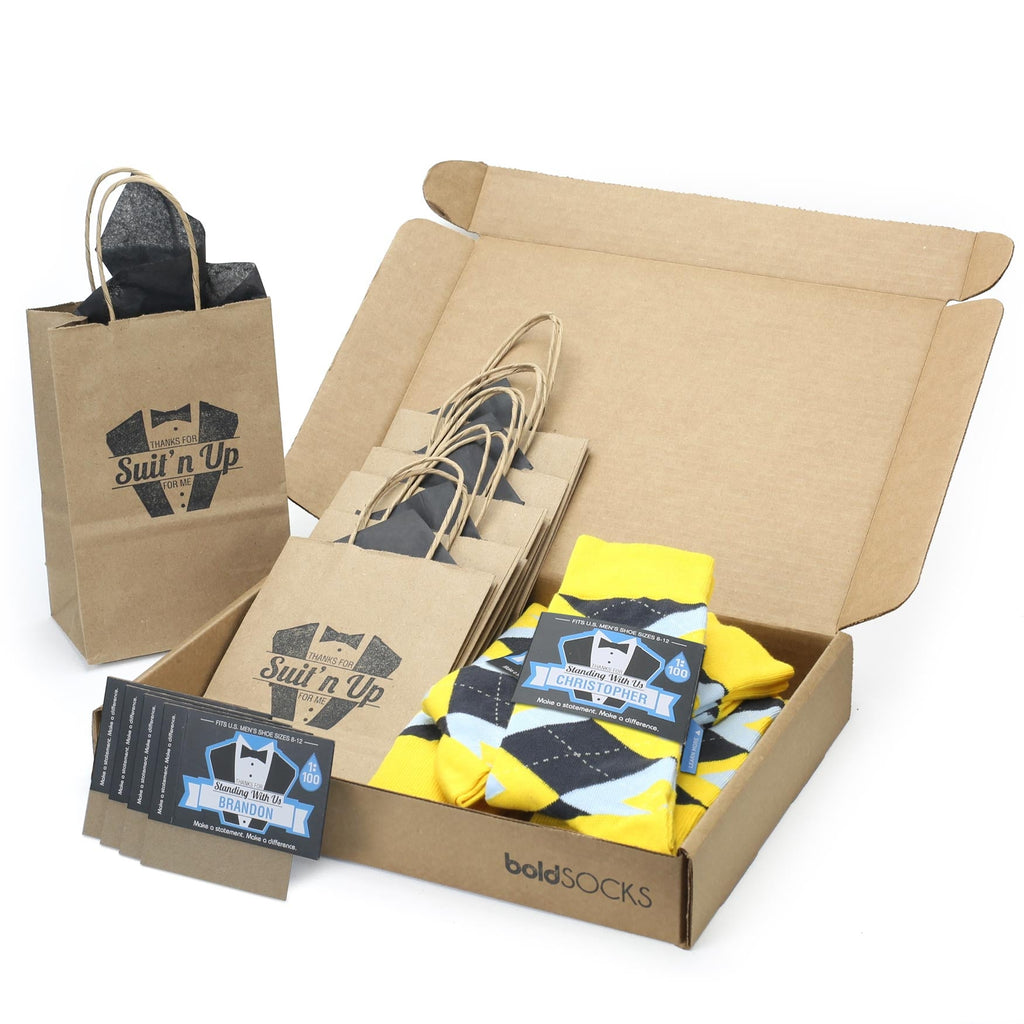Customizable Groomsmen Gift Set Golden Yellow Gray Argyle Men’s Dress Socks