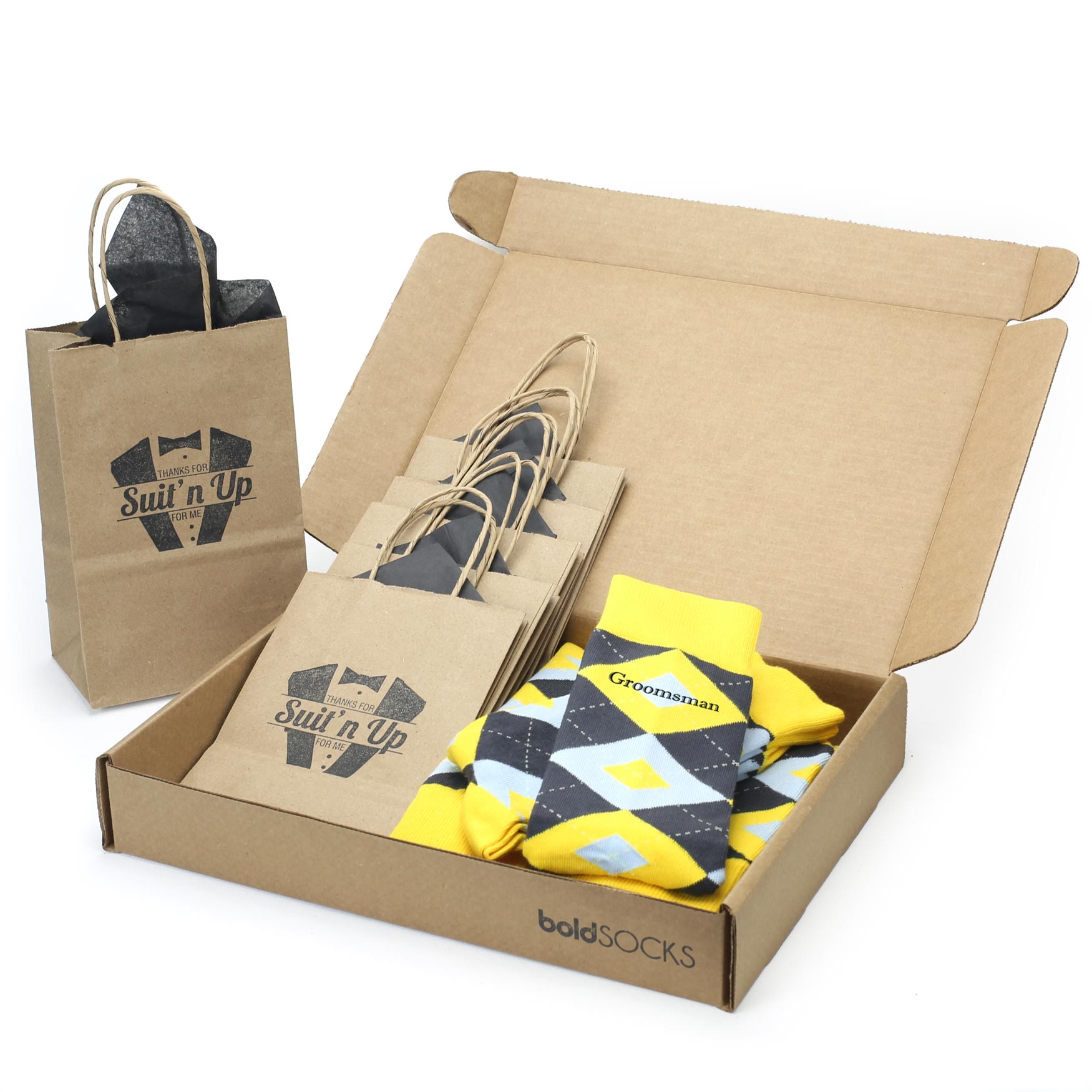 Customizable Groomsmen Gift Set Golden Yellow Gray Argyle Men’s Dress Socks