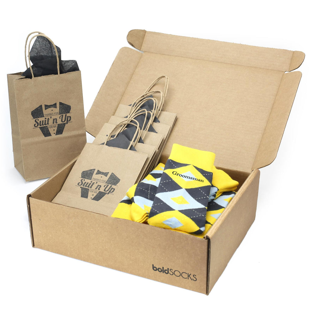 Customizable Groomsmen Gift Set Golden Yellow Gray Argyle Men’s Dress Socks