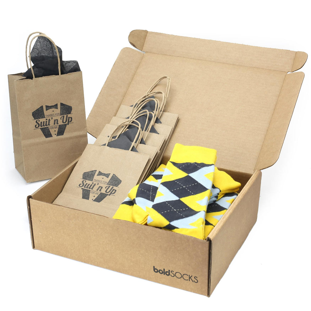 Customizable Groomsmen Gift Set Golden Yellow Gray Argyle Men’s Dress Socks