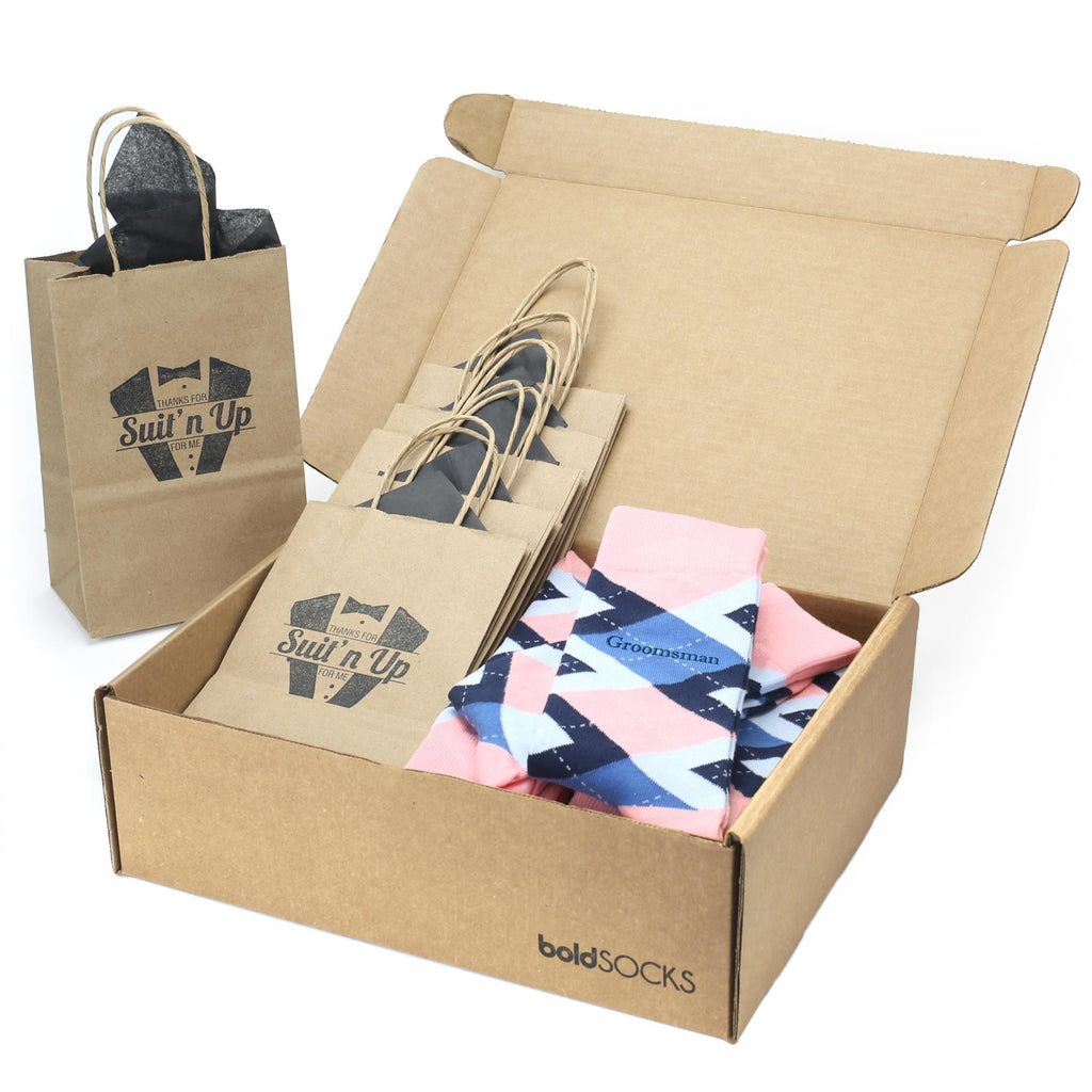 Customizable Groomsmen Gift Set Pink Blue Argyle Men’s Dress Socks