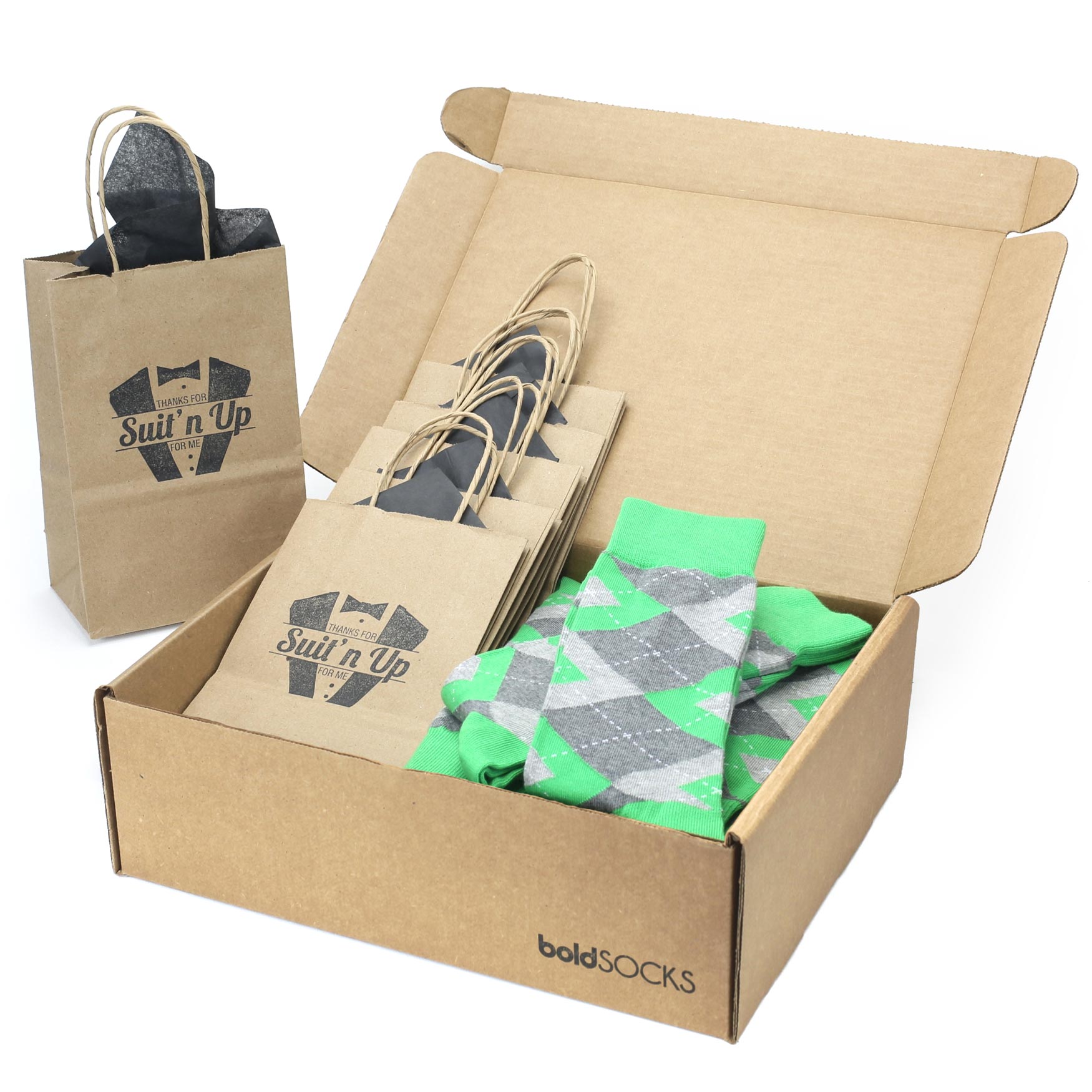 Customizable Groomsmen Gift Set Kelly Green Gray Argyle Men’s Dress Socks