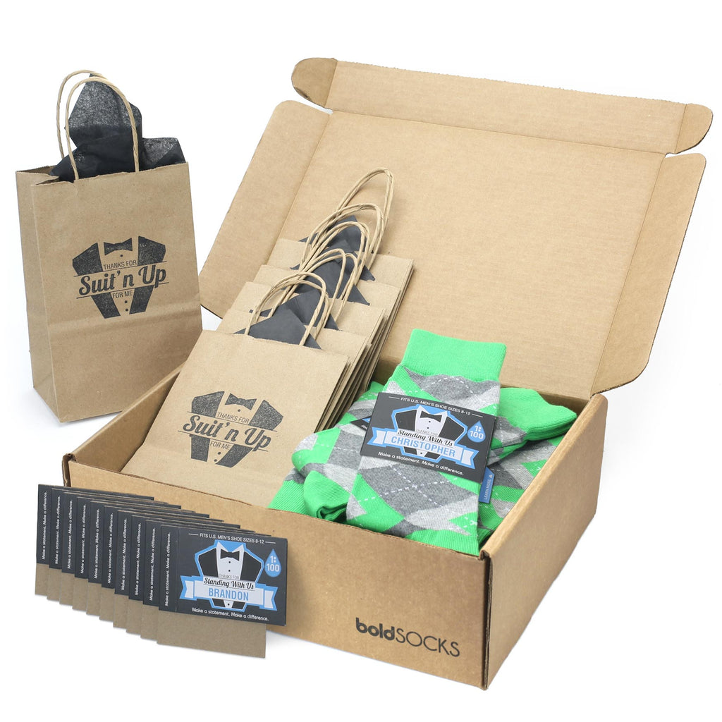 Customizable Groomsmen Gift Set Kelly Green Gray Argyle Men’s Dress Socks
