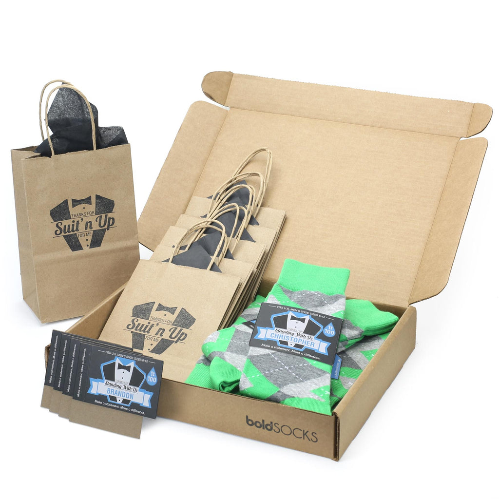 Customizable Groomsmen Gift Set Kelly Green Gray Argyle Men’s Dress Socks