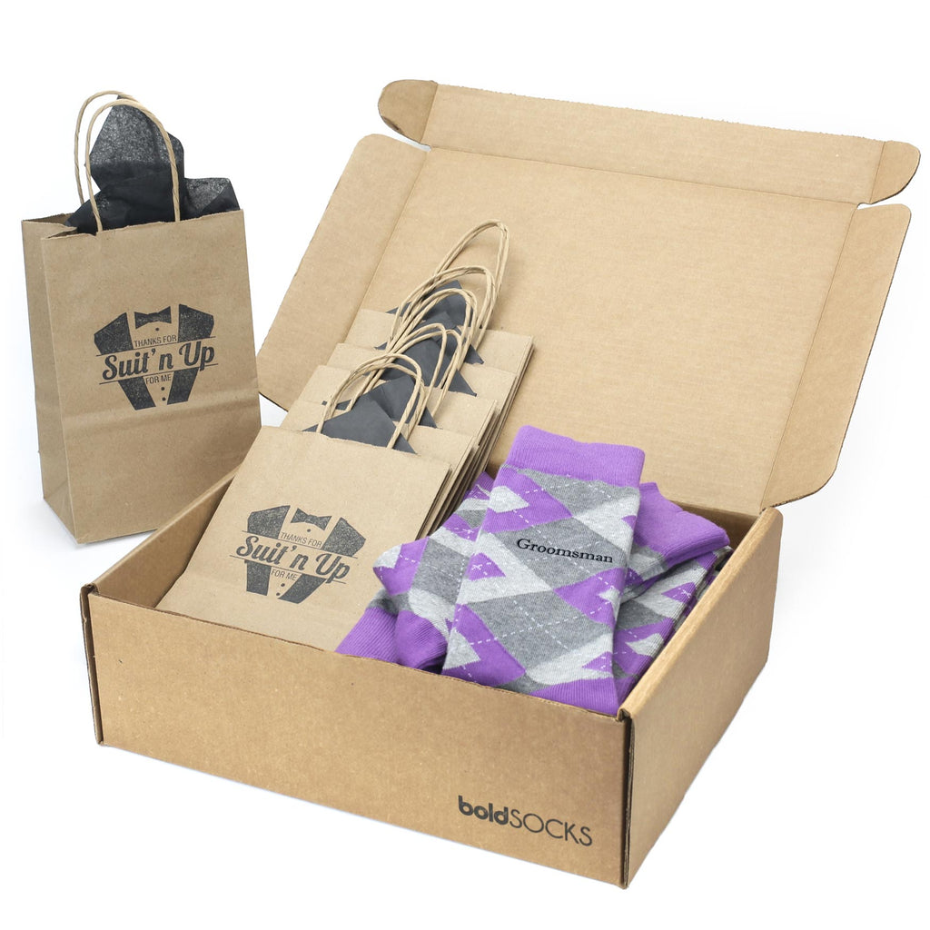 Customizable Groomsmen Gift Set Wisteria Purple Gray Argyle Men’s Dress Socks