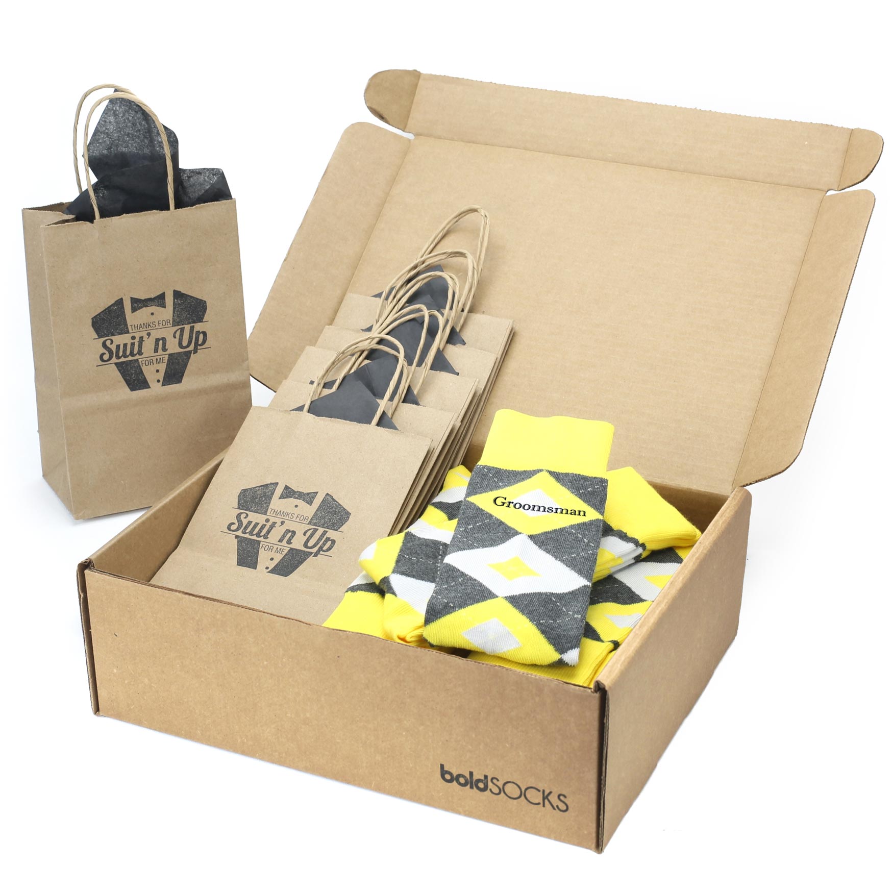 Customizable Groomsmen Gift Set Daisy Yellow Gray Argyle Men’s Dress Socks