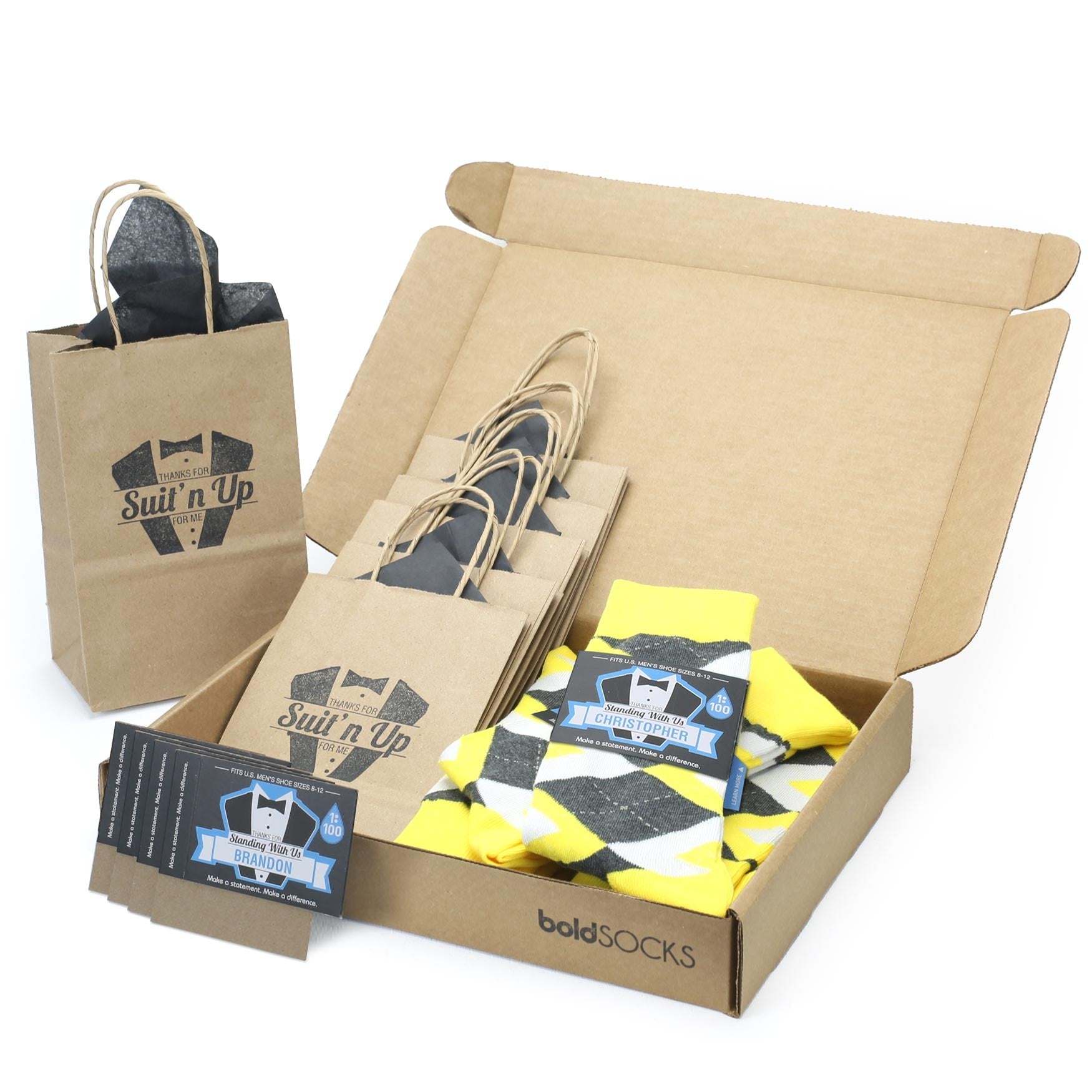 Customizable Groomsmen Gift Set Daisy Yellow Gray Argyle Men’s Dress Socks