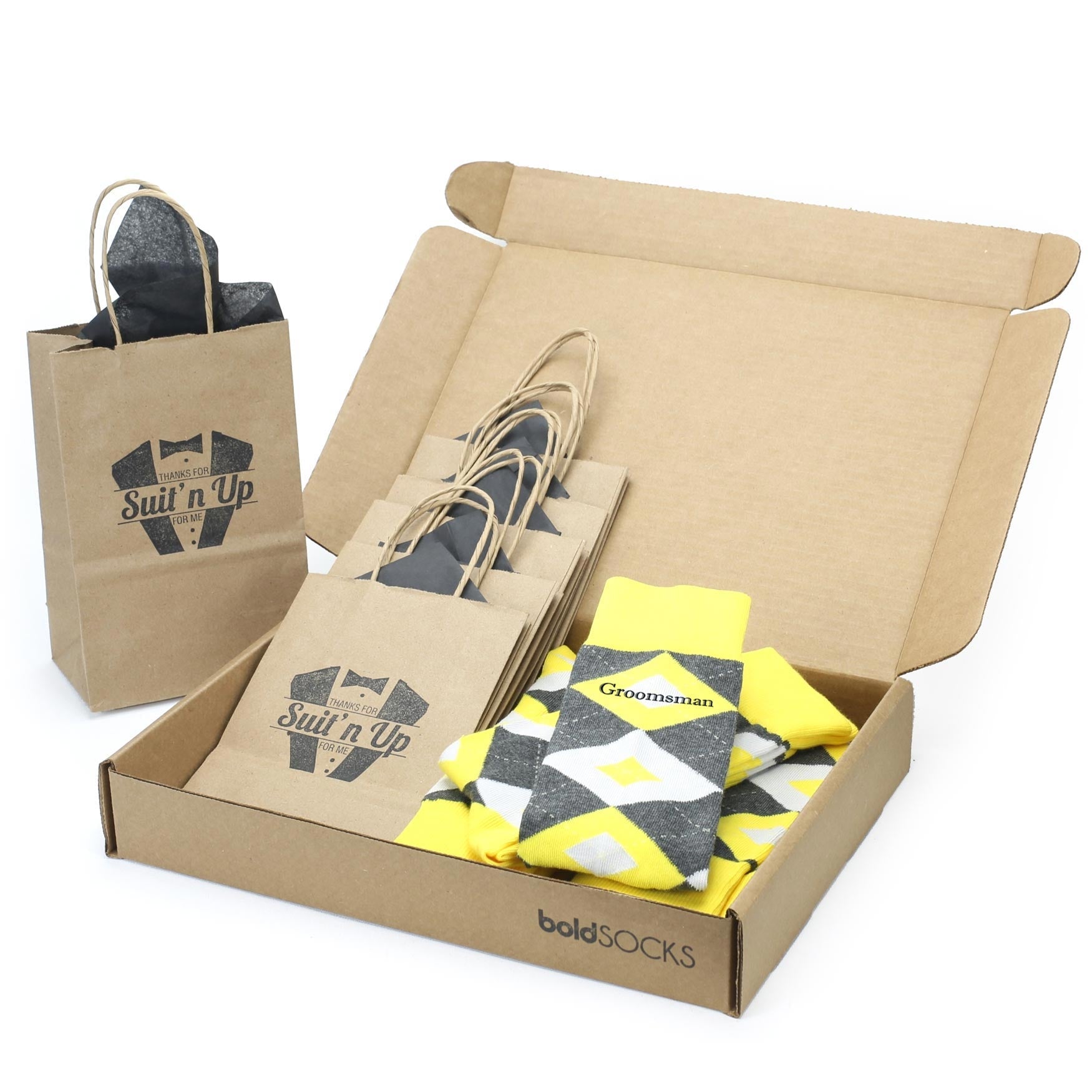 Customizable Groomsmen Gift Set Daisy Yellow Gray Argyle Men’s Dress Socks