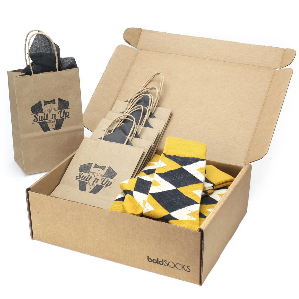 Customizable Groomsmen Gift Set Mustard Yellow Gray Argyle Men’s Dress Socks
