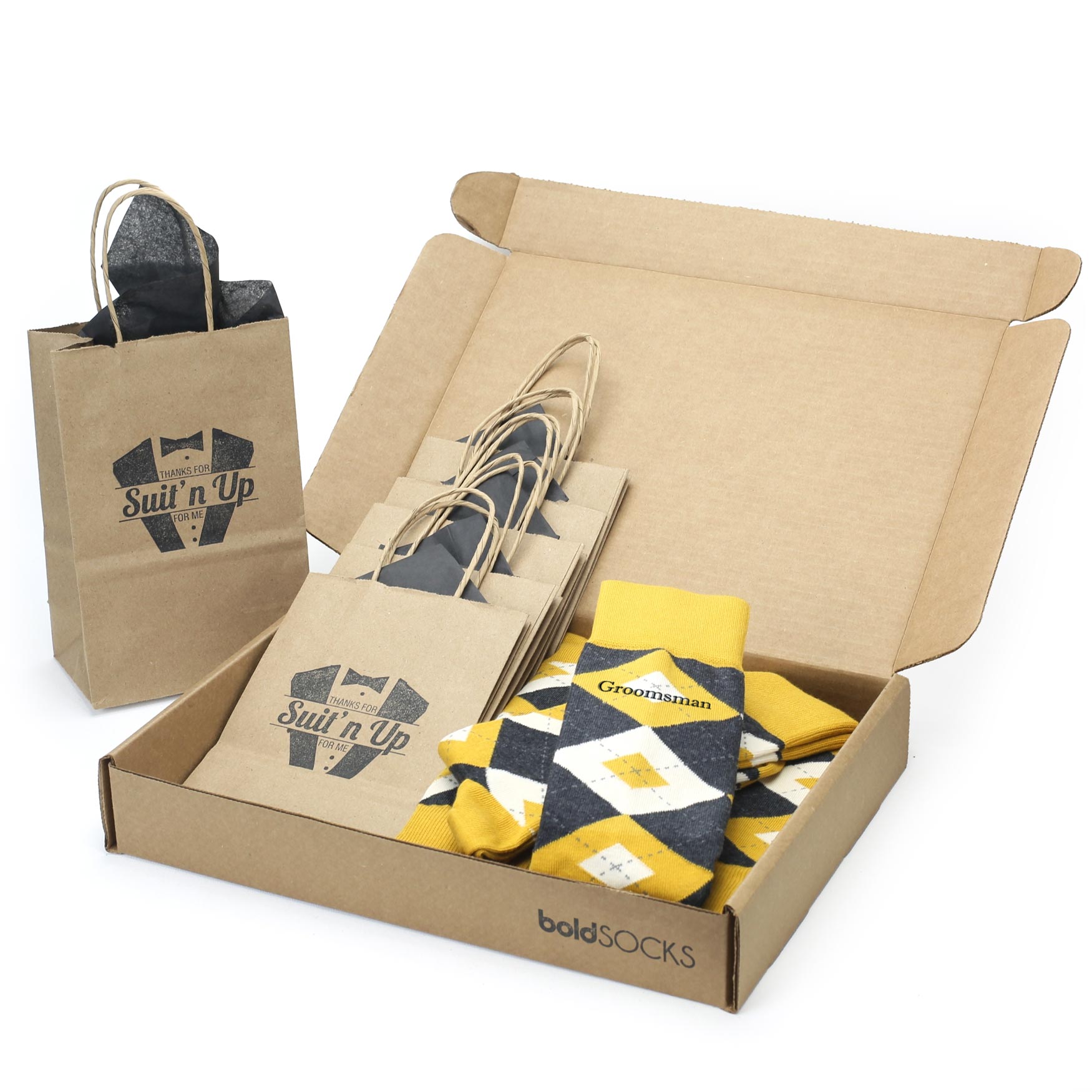 Customizable Groomsmen Gift Set Mustard Yellow Gray Argyle Men’s Dress Socks