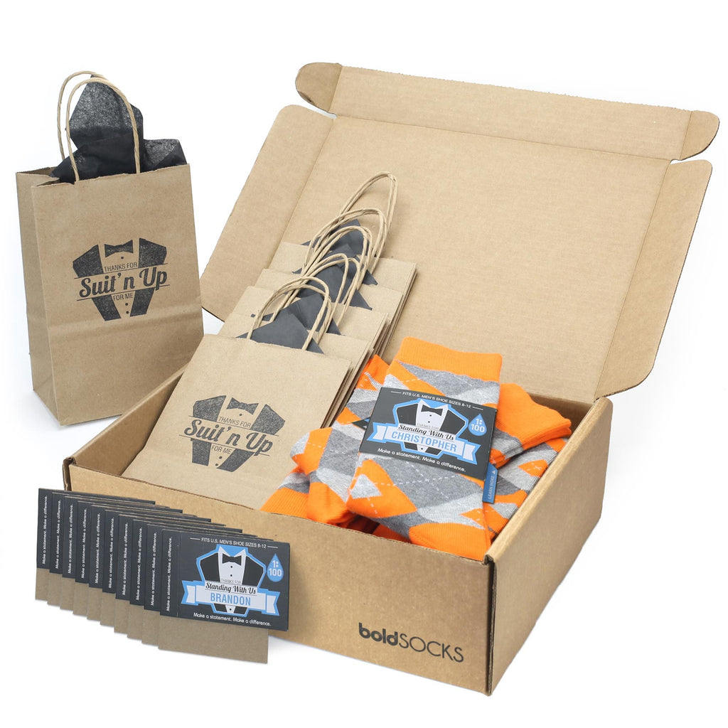 Customizable Groomsmen Gift Set Tangerine Orange Grey Argyle Men’s Dress Socks