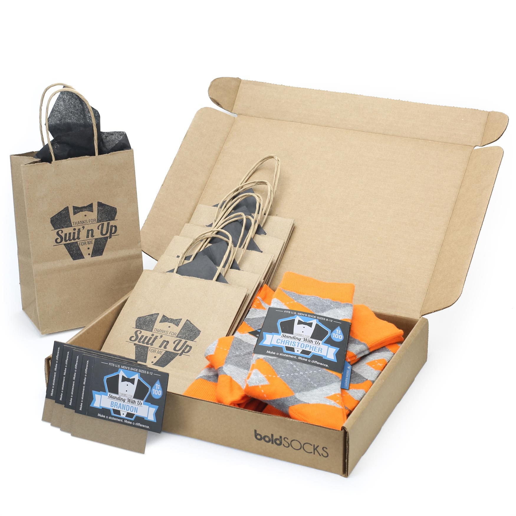 Customizable Groomsmen Gift Set Tangerine Orange Grey Argyle Men’s Dress Socks