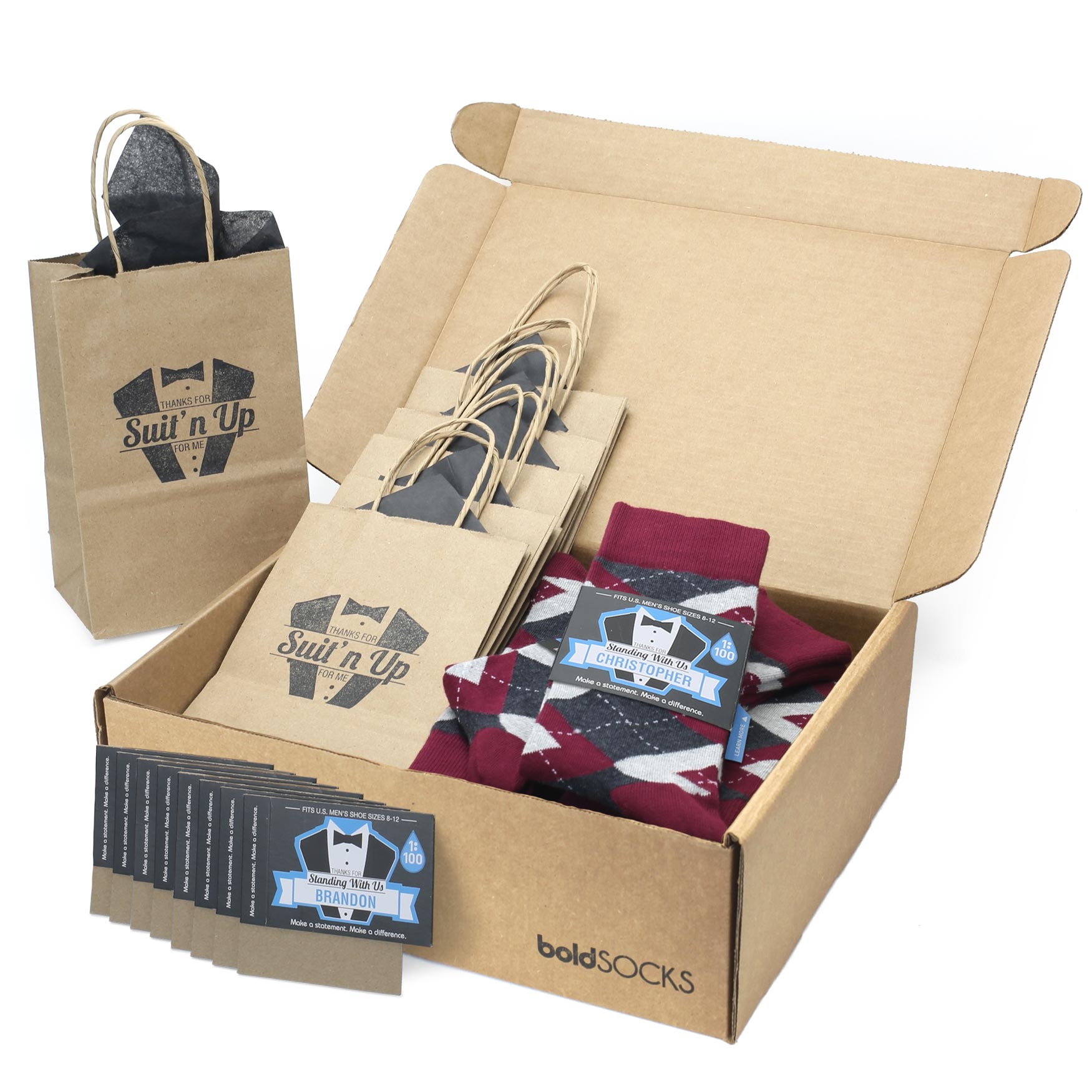 Customizable Groomsmen Gift Set Wine Burgundy Gray Argyle Men’s Dress Socks