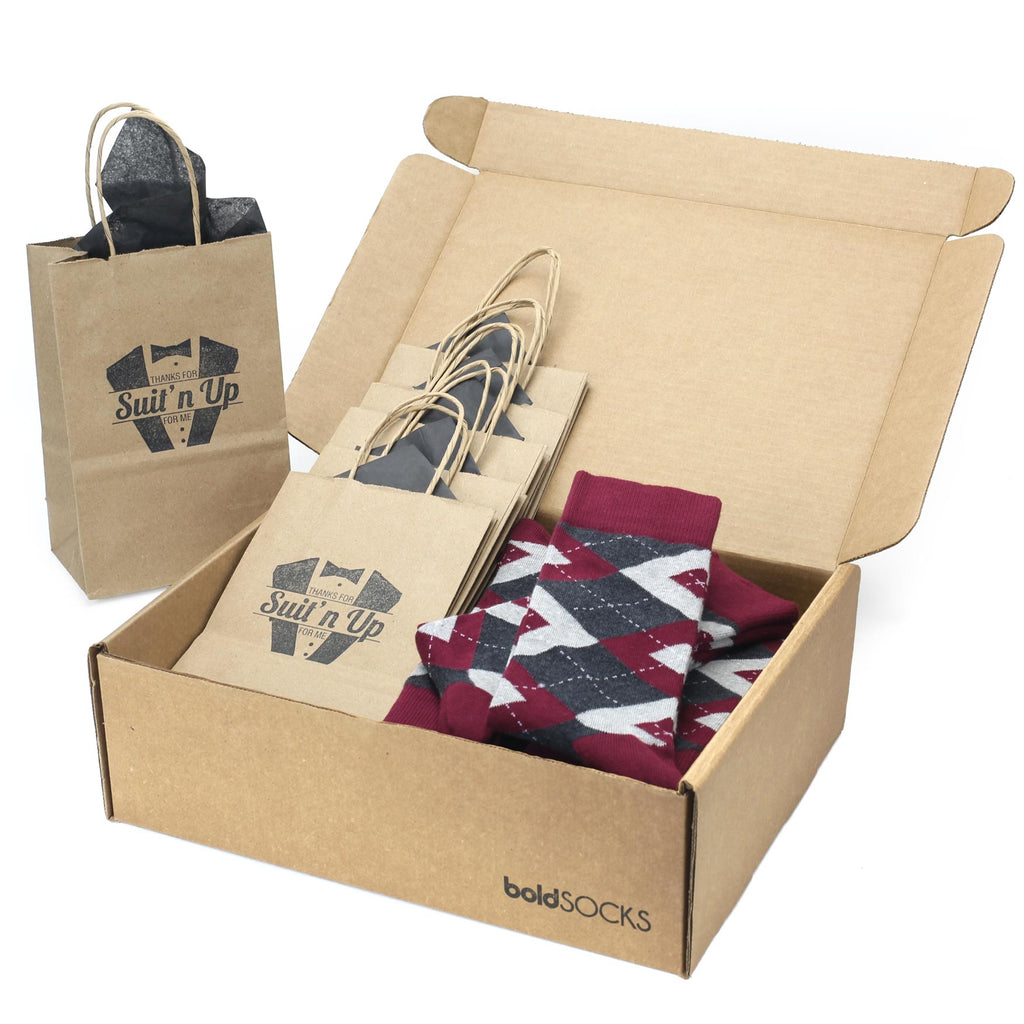 Customizable Groomsmen Gift Set Wine Burgundy Gray Argyle Men’s Dress Socks