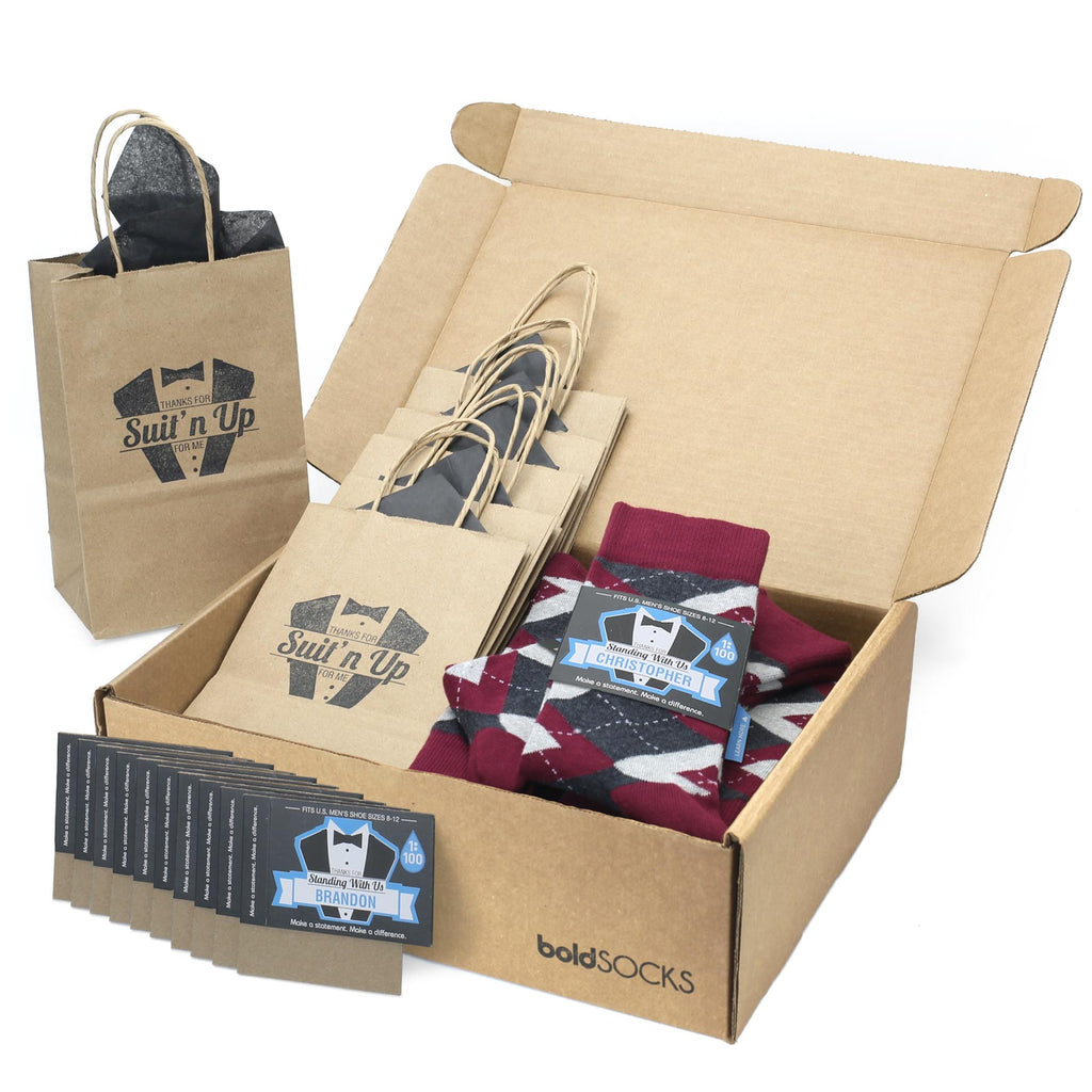 Customizable Groomsmen Gift Set Wine Burgundy Gray Argyle Men’s Dress Socks