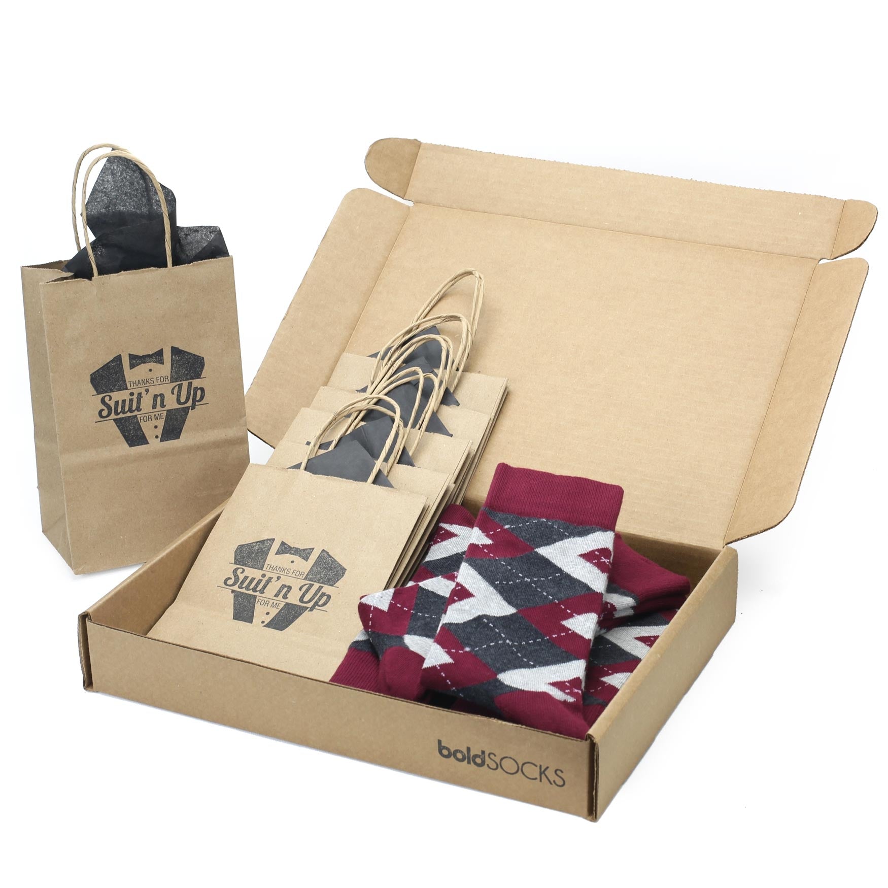 Customizable Groomsmen Gift Set Wine Burgundy Gray Argyle Men’s Dress Socks
