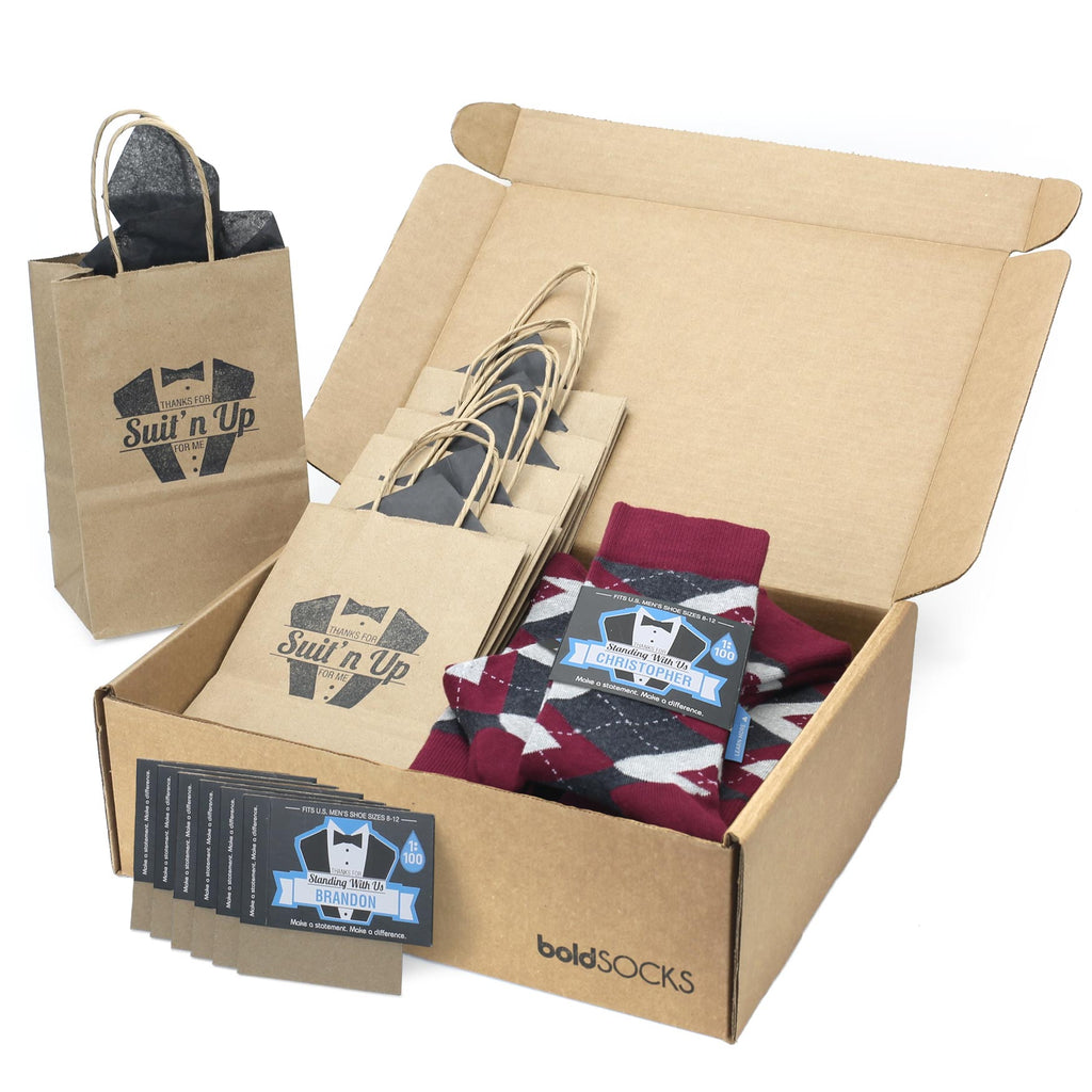 Customizable Groomsmen Gift Set Wine Burgundy Gray Argyle Men’s Dress Socks