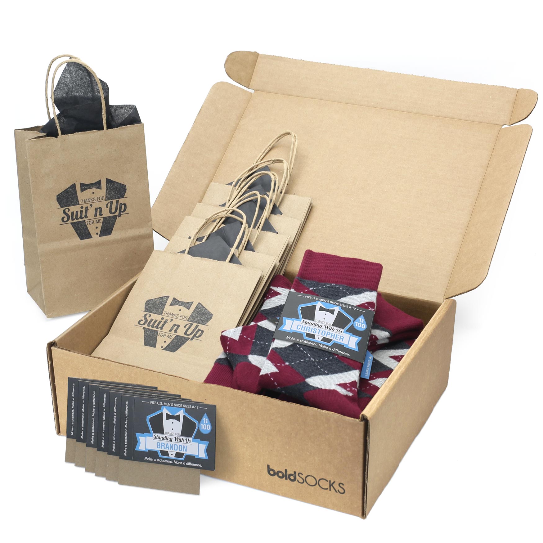 Customizable Groomsmen Gift Set Wine Burgundy Gray Argyle Men’s Dress Socks