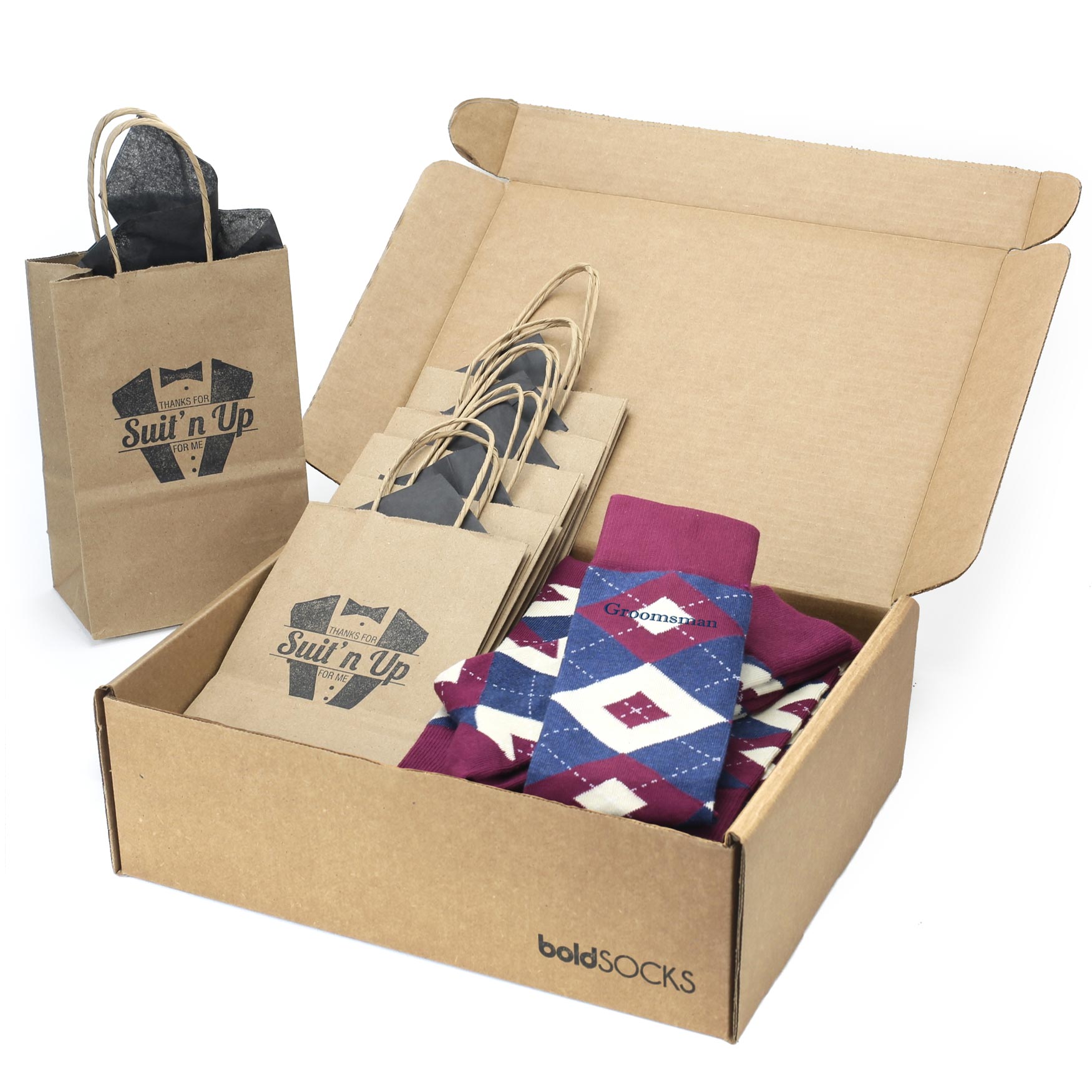 Customizable Groomsmen Gift Set Sangria Navy Argyle Men’s Dress Socks