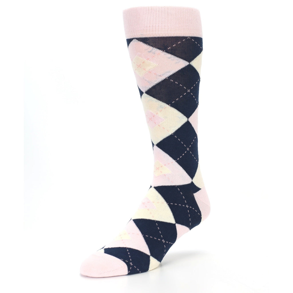Petal Pink Blush Navy Argyle Wedding Groomsmen Men’s Dress Socks