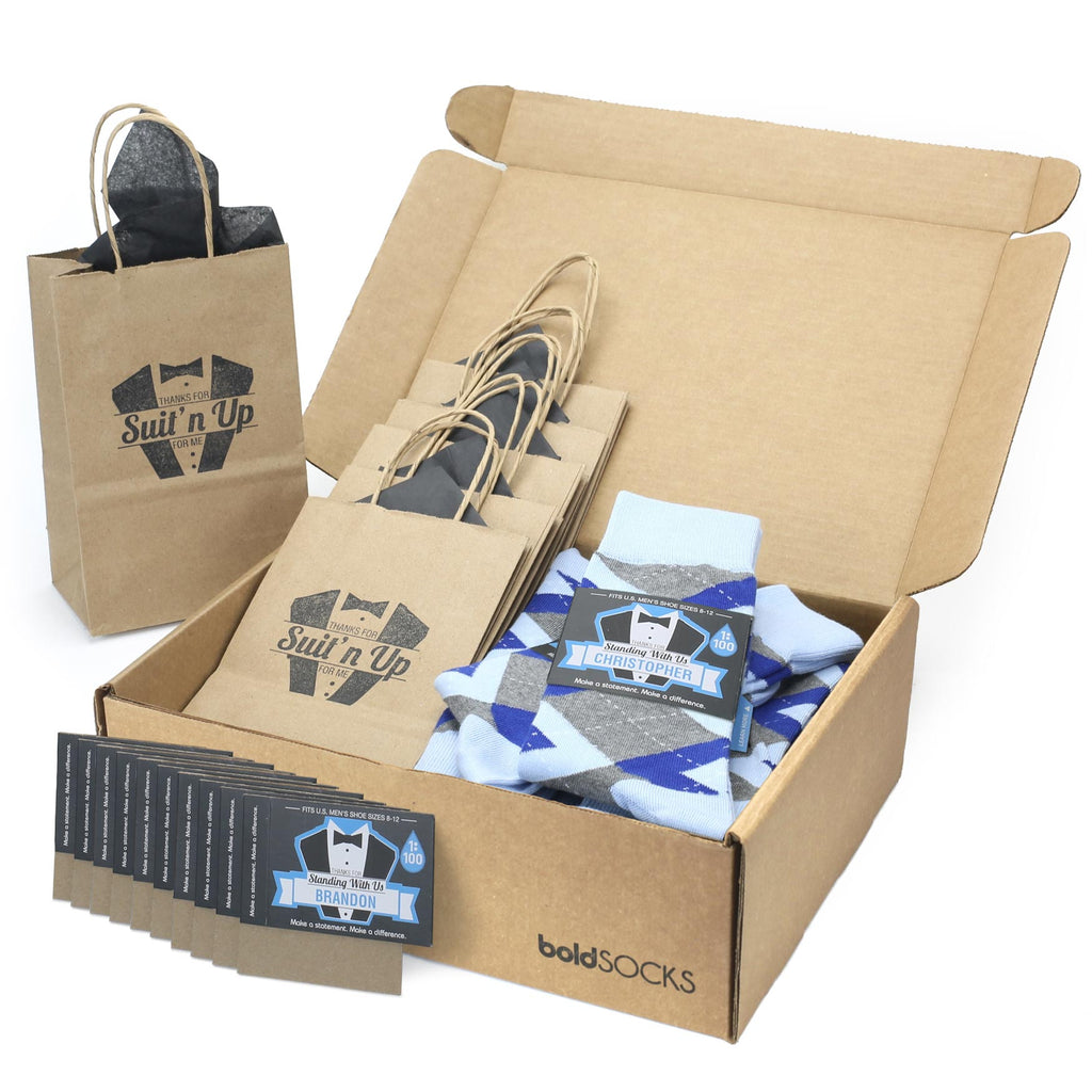 Customizable Groomsmen Kit Gift Set Blue Cobalt Gray Argyle Men’s Dress Socks