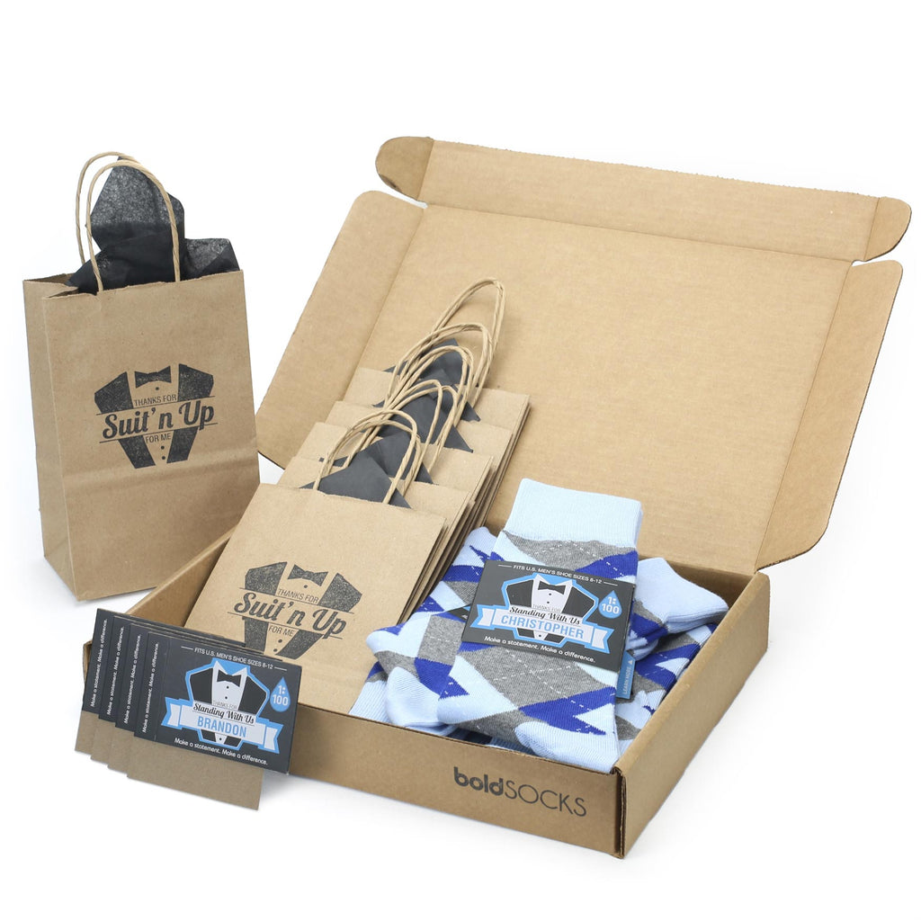 Customizable Groomsmen Kit Gift Set Blue Cobalt Gray Argyle Men’s Dress Socks