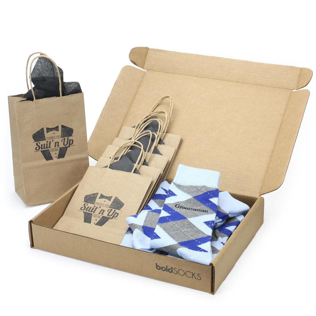 Customizable Groomsmen Kit Gift Set Blue Cobalt Gray Argyle Men’s Dress Socks
