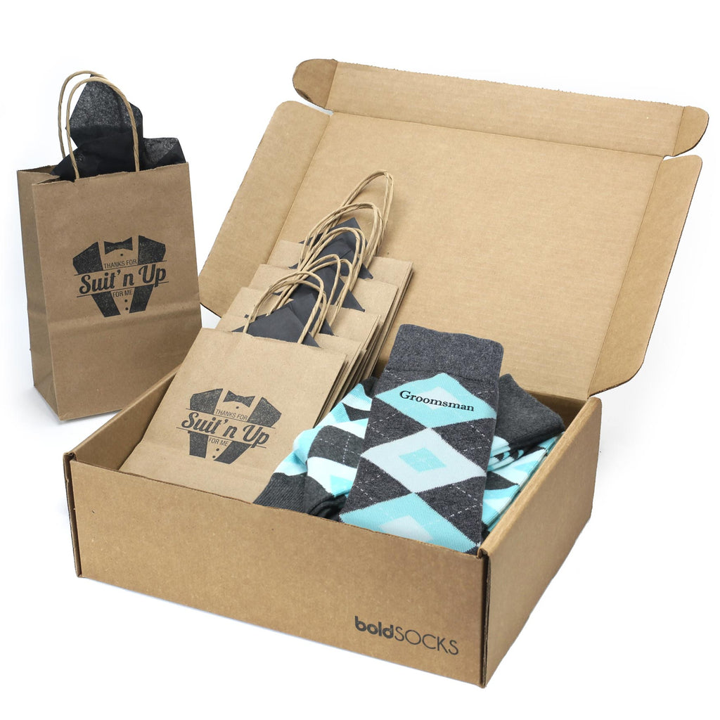 Customizable Groomsmen Gift Set Pool Blue Grey Argyle Men’s Dress Socks