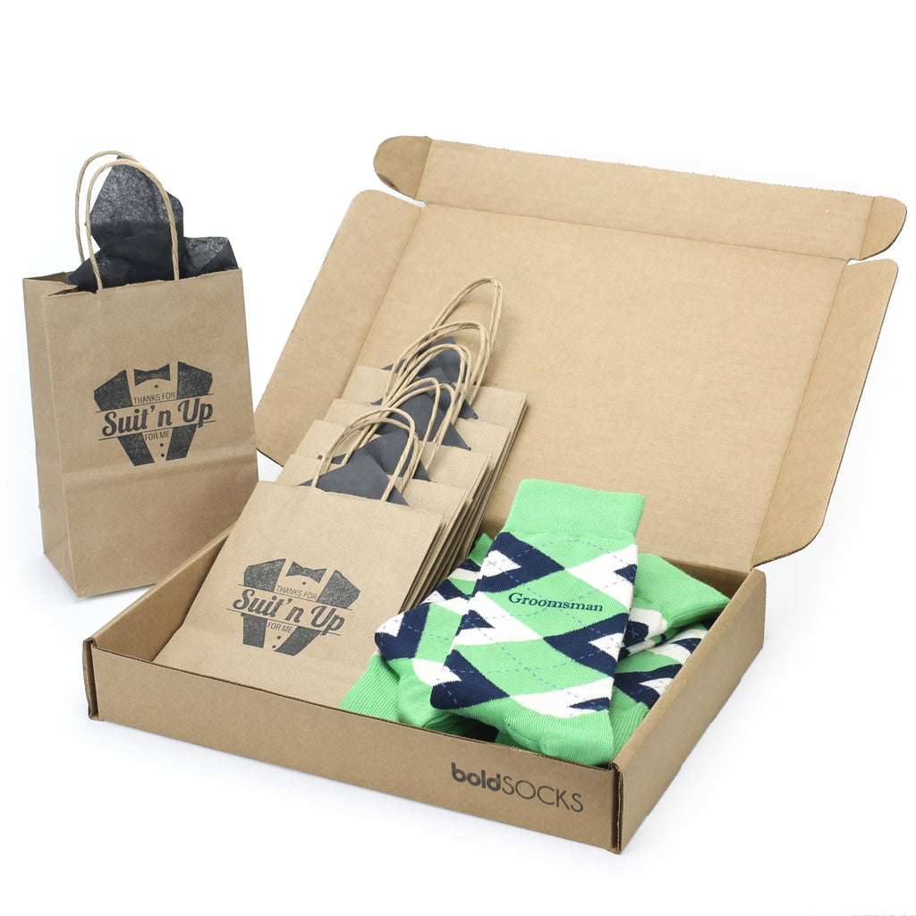 Customizable Groomsmen Gift Set Clover Green Navy Argyle Men’s Dress Socks