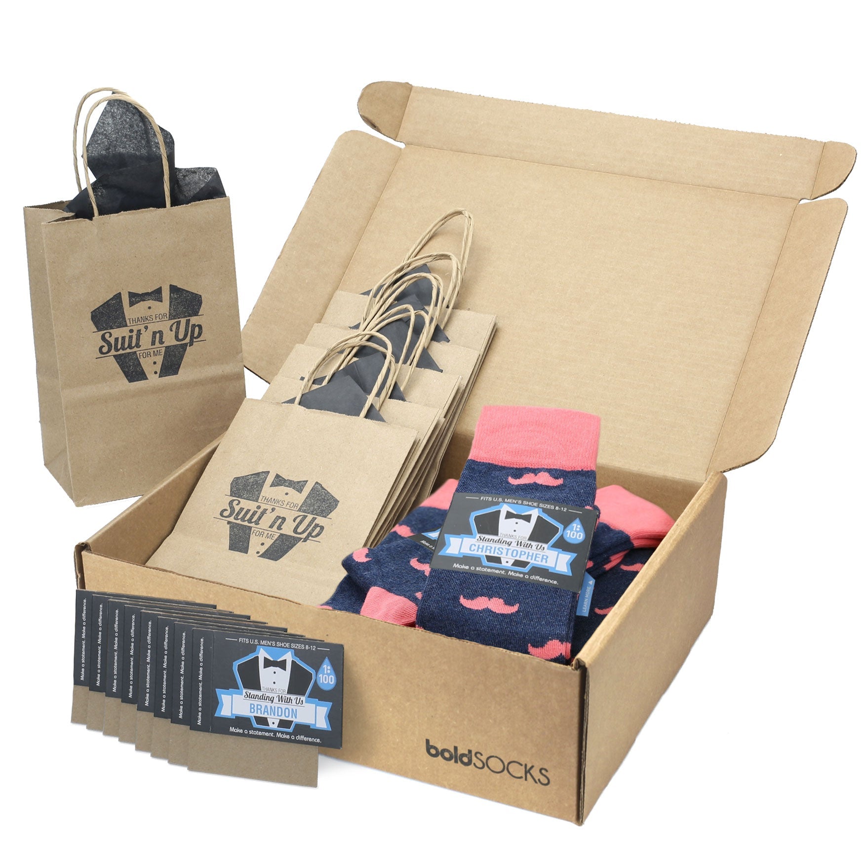 Customizable Groomsmen Gift Set Coral Navy Mustache Men's Dress Socks