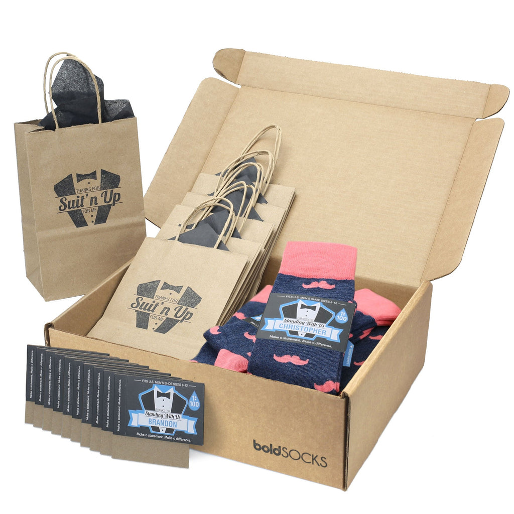 Customizable Groomsmen Gift Set Coral Navy Mustache Men's Dress Socks