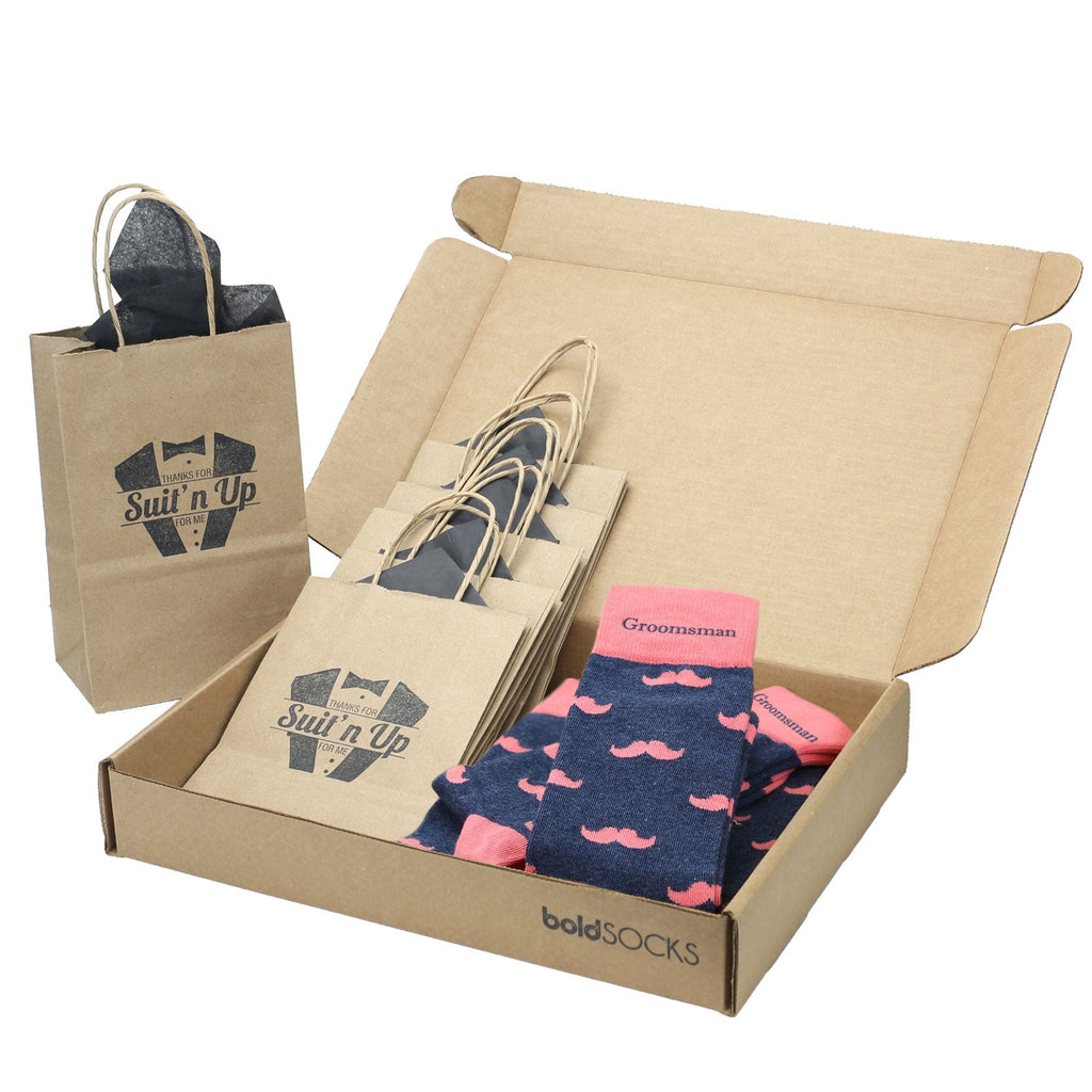 Customizable Groomsmen Gift Set Coral Navy Mustache Men's Dress Socks