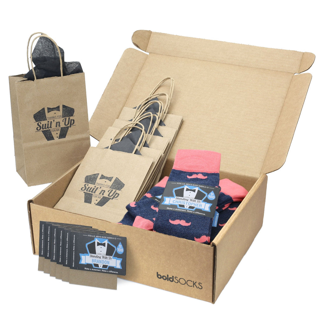 Customizable Groomsmen Gift Set Coral Navy Mustache Men's Dress Socks