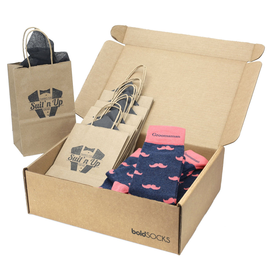 Customizable Groomsmen Gift Set Coral Navy Mustache Men's Dress Socks