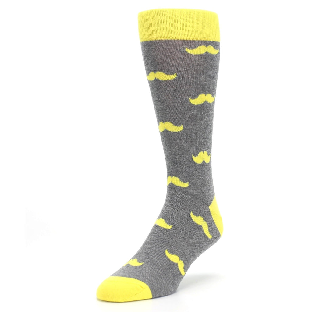 Lemon Yellow Gray Mustache Groomsmen Wedding Men’s Dress Socks
