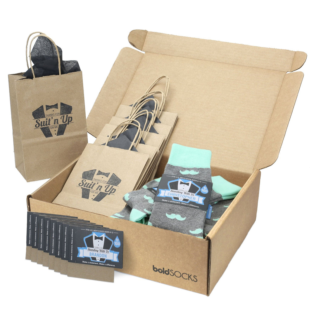 Customizable Groomsmen Gift Set Mint Gray Mustache Men's Dress Socks