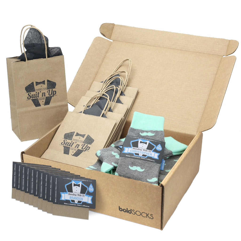 Customizable Groomsmen Gift Set Mint Gray Mustache Men's Dress Socks