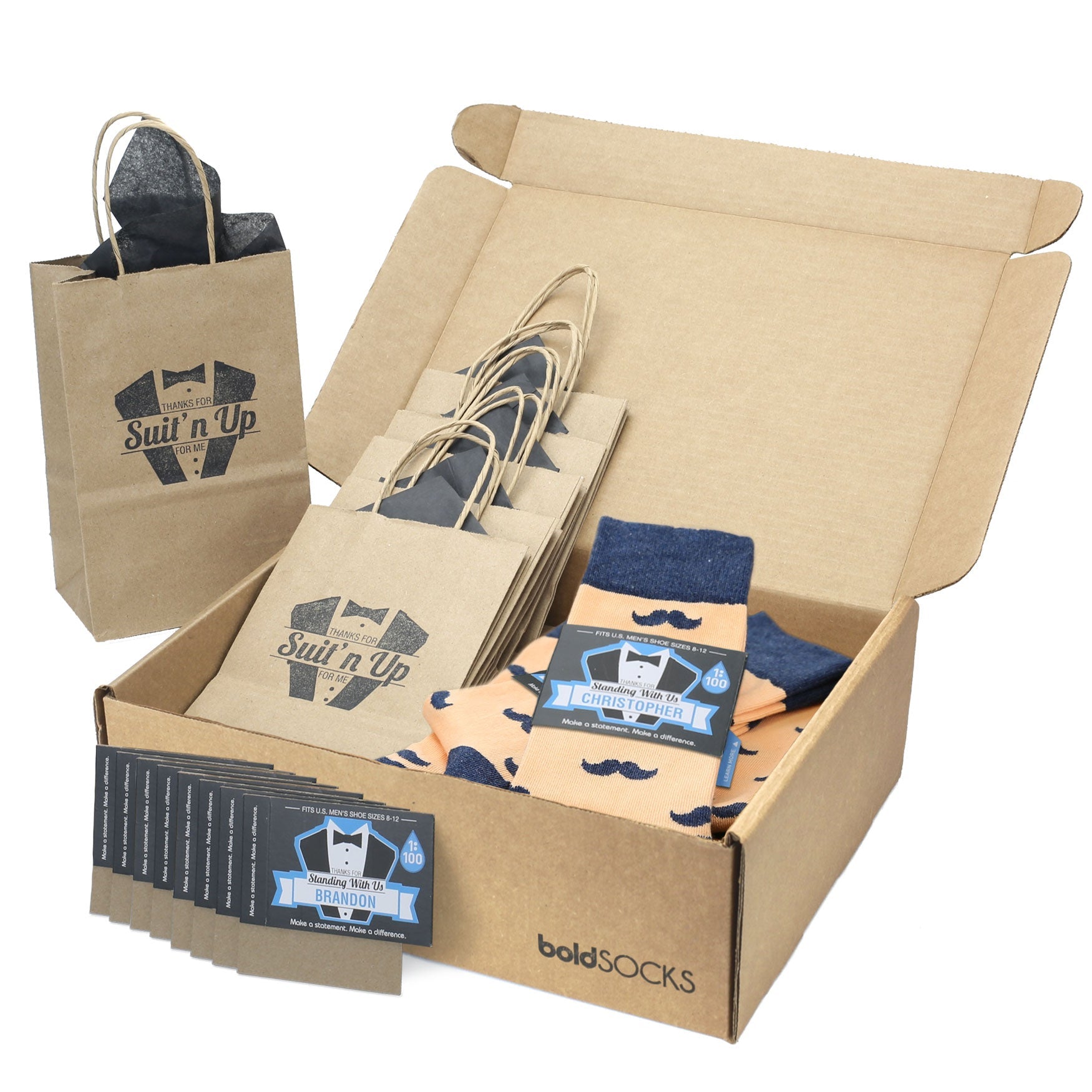 Groomsmen Gift Set Peach Navy Mustache Men's Dress Socks