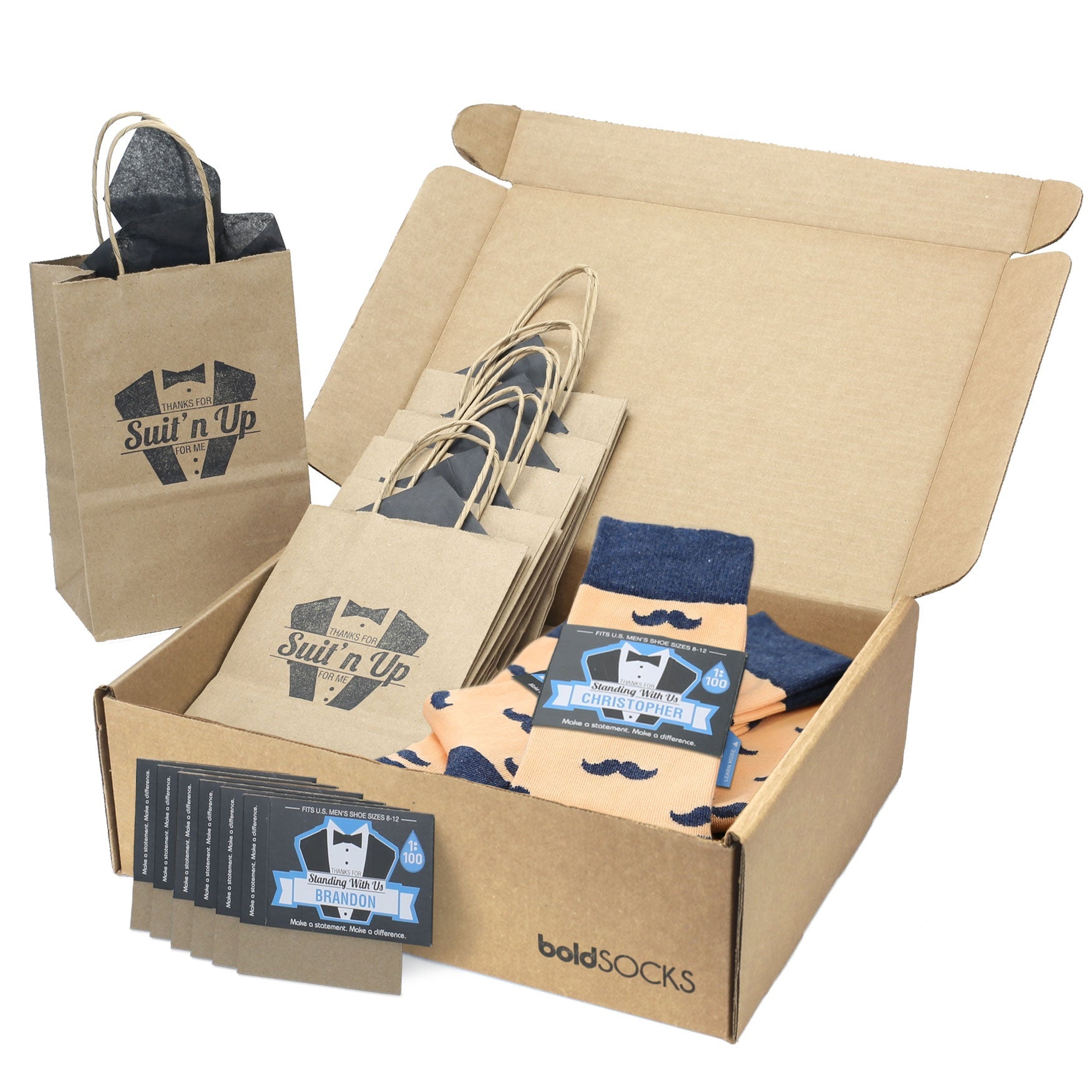 Groomsmen Gift Set Peach Navy Mustache Men's Dress Socks