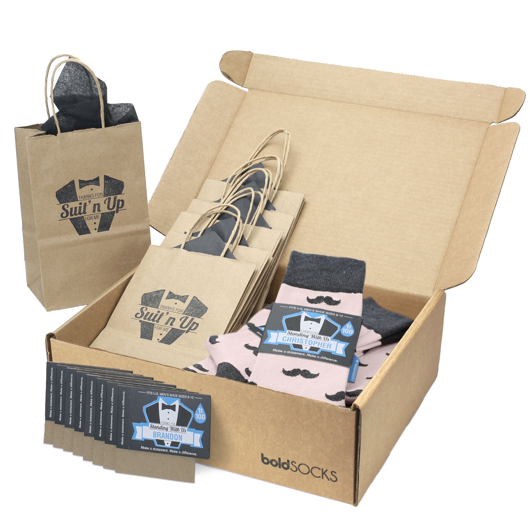 Customizable Groomsmen Gift Set Petal Pink Gray Mustache Men's Dress Socks