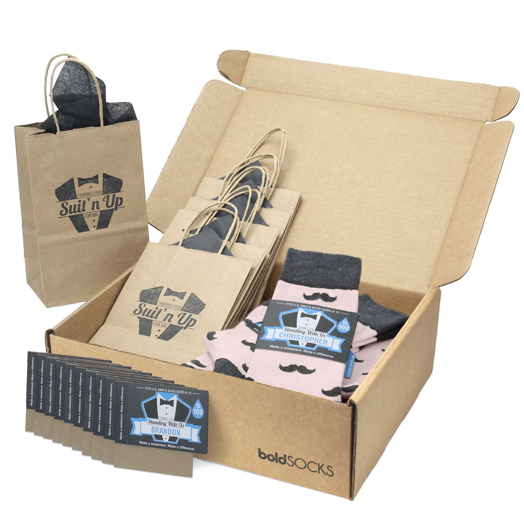 Customizable Groomsmen Gift Set Petal Pink Gray Mustache Men's Dress Socks