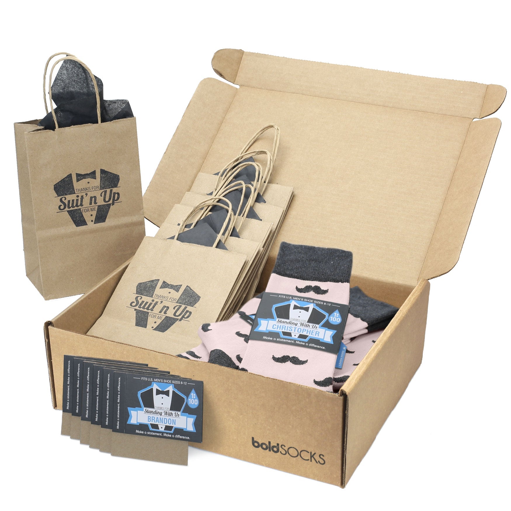 Customizable Groomsmen Gift Set Petal Pink Gray Mustache Men's Dress Socks