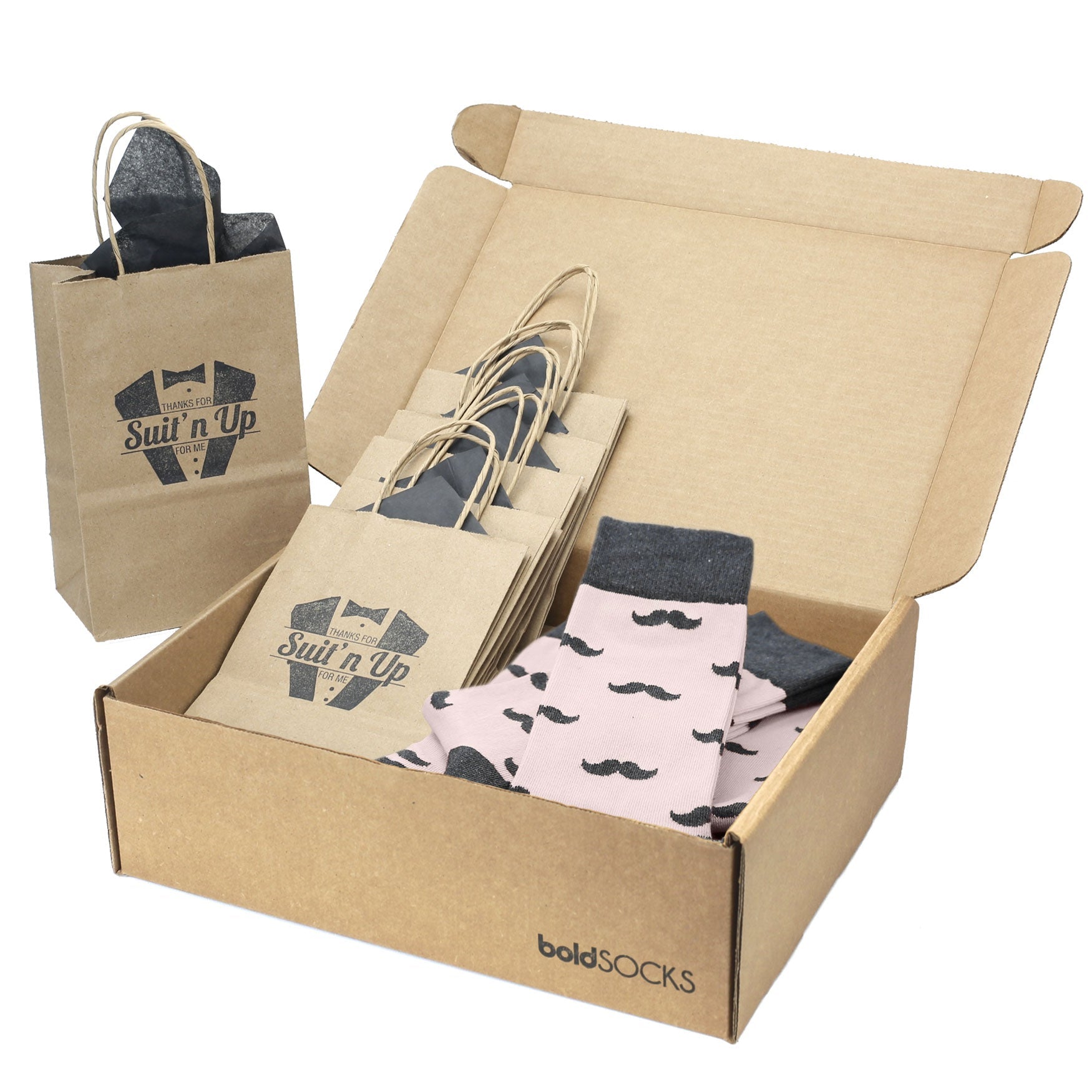 Customizable Groomsmen Gift Set Petal Pink Gray Mustache Men's Dress Socks