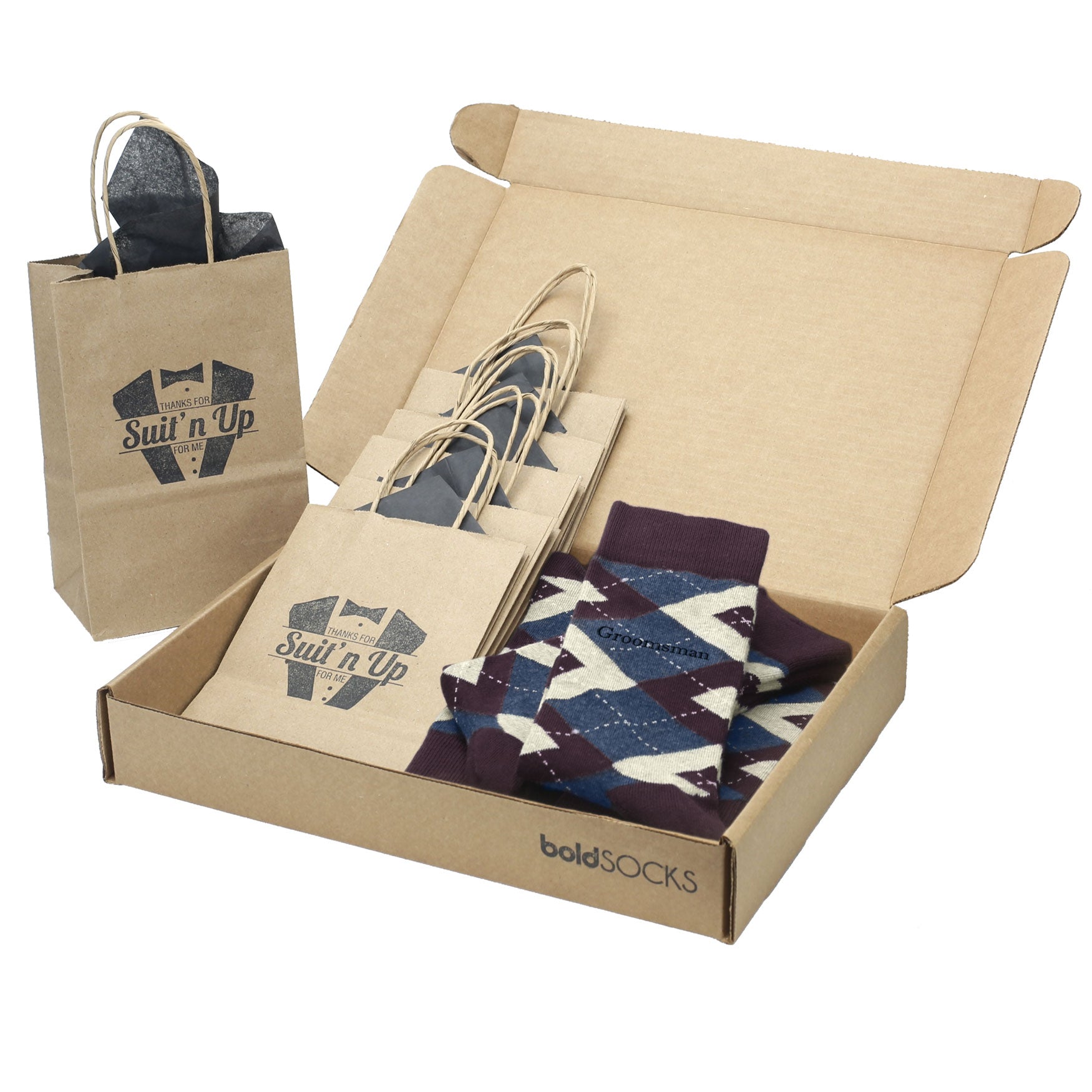 Customizable Groomsmen Gift Set Bordeaux Champagne Navy Argyle Men’s Dress Socks