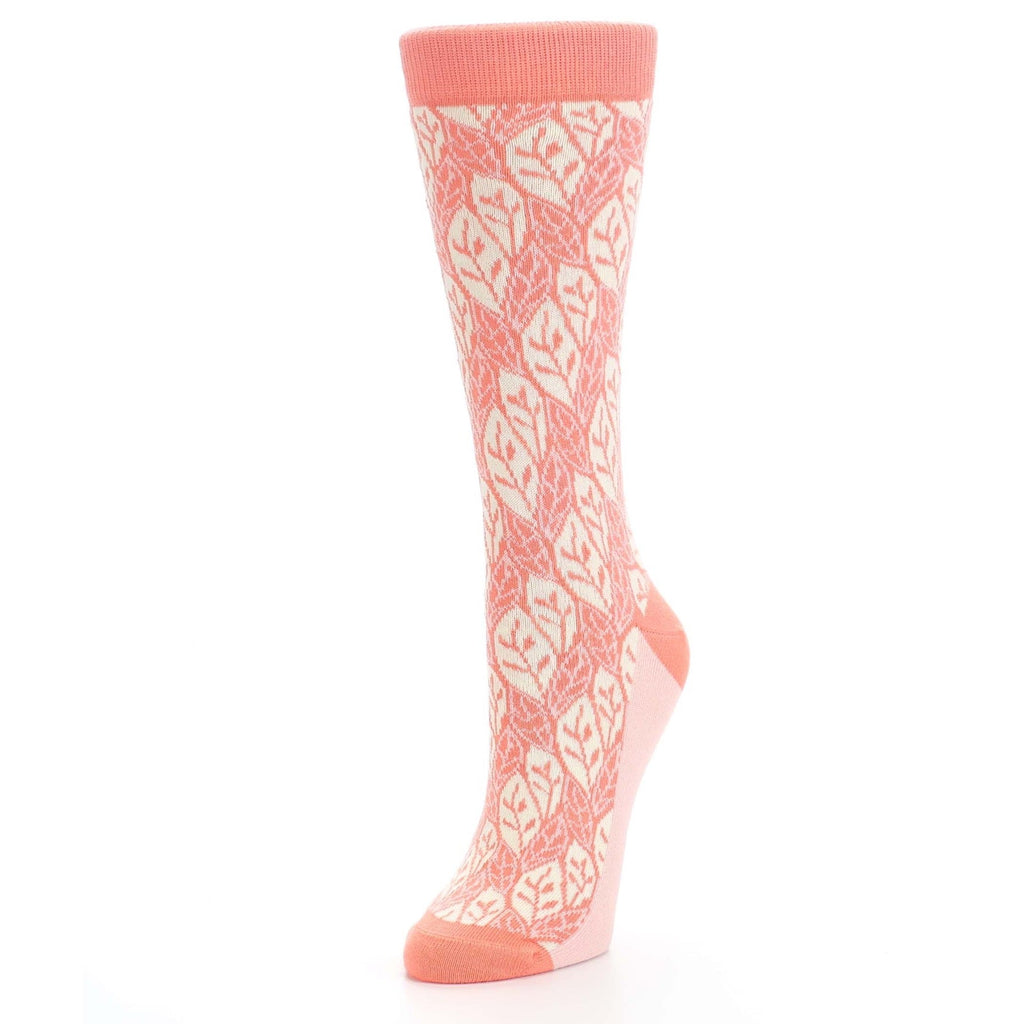 Coral Cream Leaf Pattern Women's Dress Socks