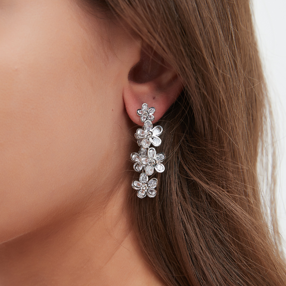 SILVER FLOWER HOOP EARRINGS (PAIR)