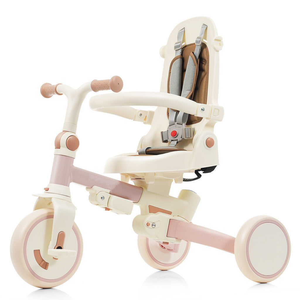 7 in 1 Baby Tricycle, Foldable Toddler Tricycle with Removable and Adjustable Parent Handle, Toddler Push Bike with Removable Pedal, Canopy, and Guardrail, Tricycle for 12-72 Months, pink