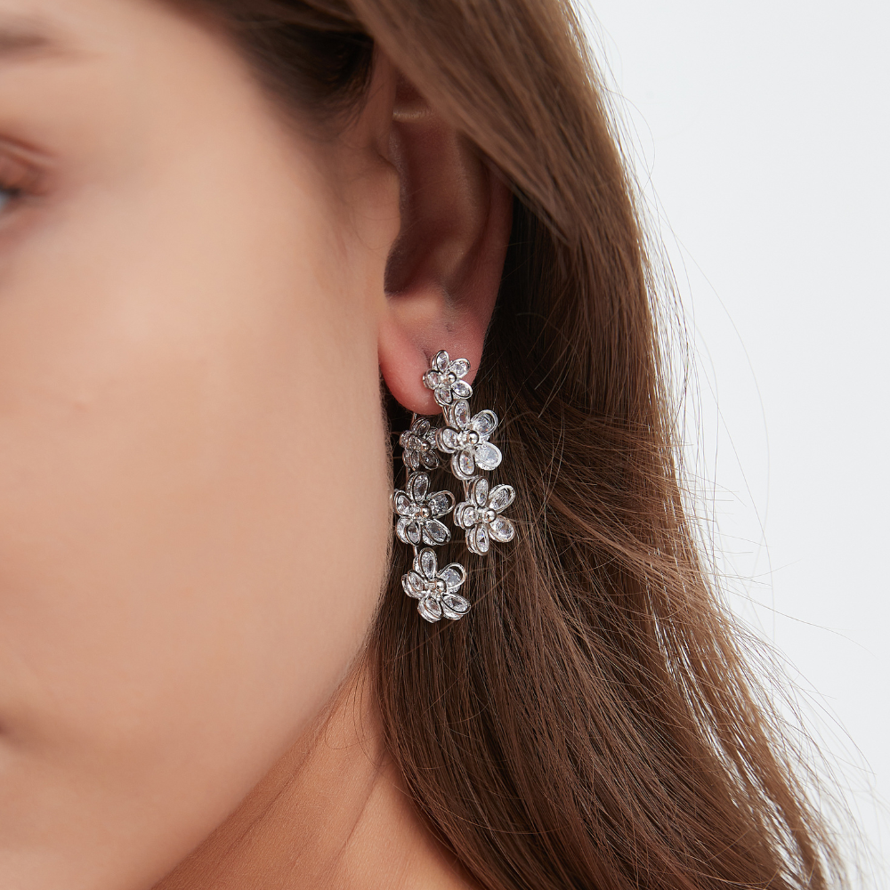 SILVER FLOWER HOOP EARRINGS (PAIR)