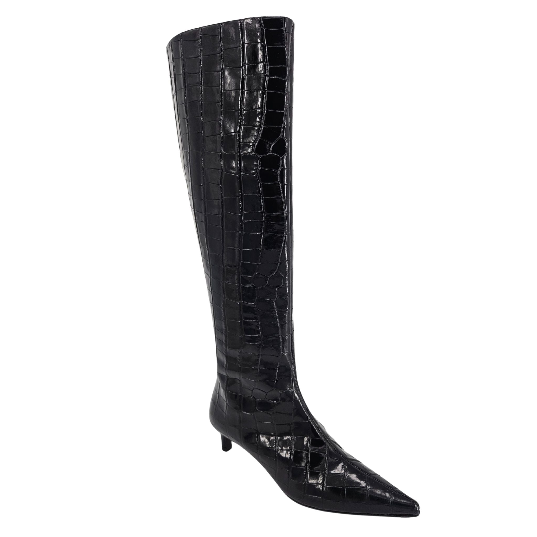 Black Tall Moc Croc Pointy Toe Kitten Heel Boot
